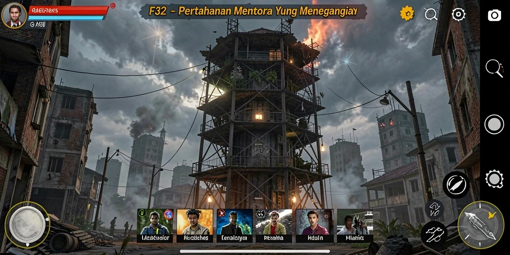 Tampilan gameplay menegangkan dari F32 di level pertahanan menara.