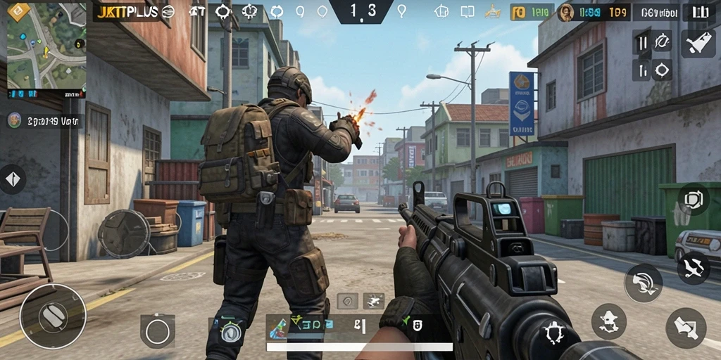 Tampilan gameplay seru dari JKTPLUS saat aksi TPS berlangsung.