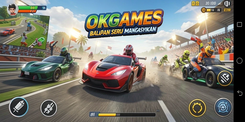 Gameplay balapan seru dalam OKGAMES dengan mobil dan trek yang menakjubkan.