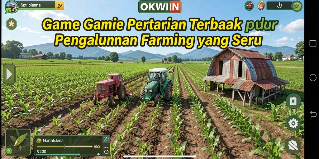 Tampilan gameplay OKWIN yang menunjukkan aktivitas pertanian yang seru.
