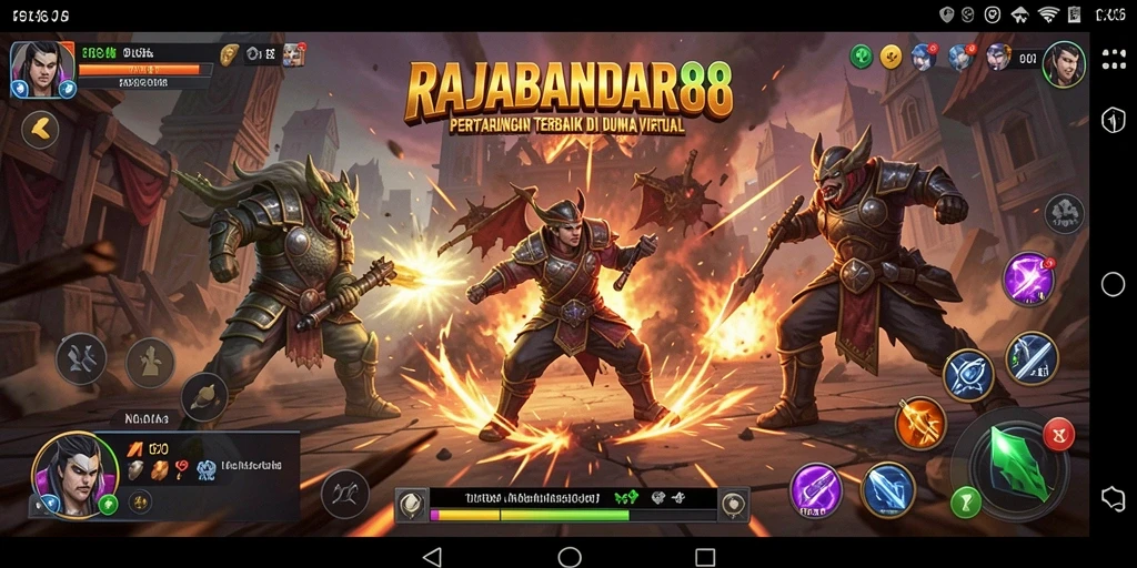 Tampilan utama gameplay <strong>RAJABANDAR88</strong>, menampilkan aksi bertarung yang intens.