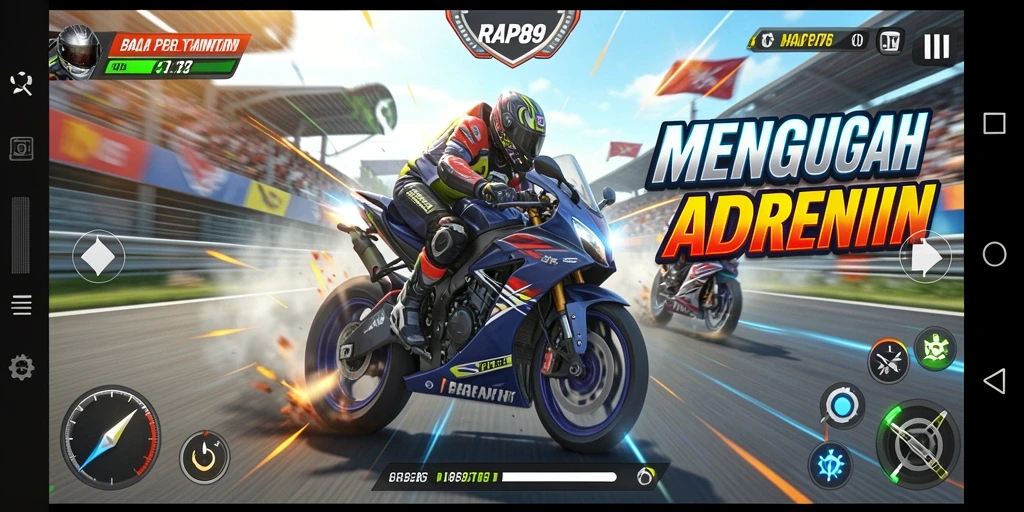 Tangkapan layar RAP89 menampilkan aksi balapan motor yang intens dan mendebarkan.