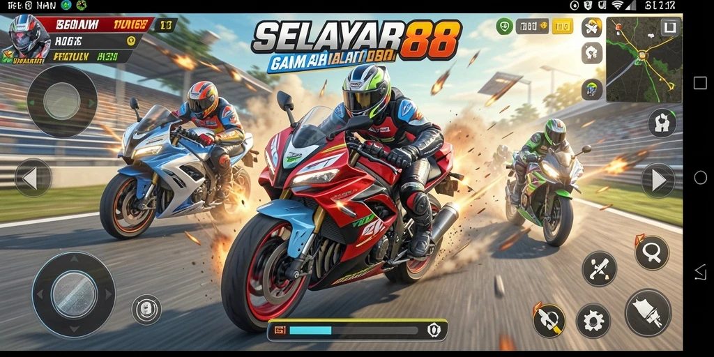 Gameplay mendebarkan dalam balapan motor cepat dan seru.