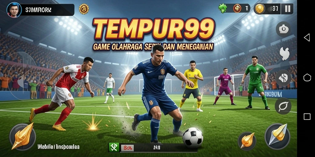 Tangkapan layar TEMPUR99 menampilkan aksi permainan olahraga yang mendebarkan.