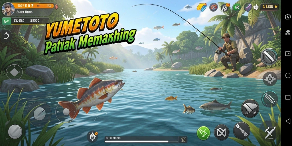 Tampilan gameplay YUMETOTO dengan momen memancing yang menegangkan.